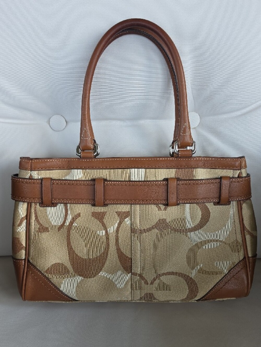 Coach Hampton Optic Tan and White Signature Stripe Satchel - Picture 2 of 16